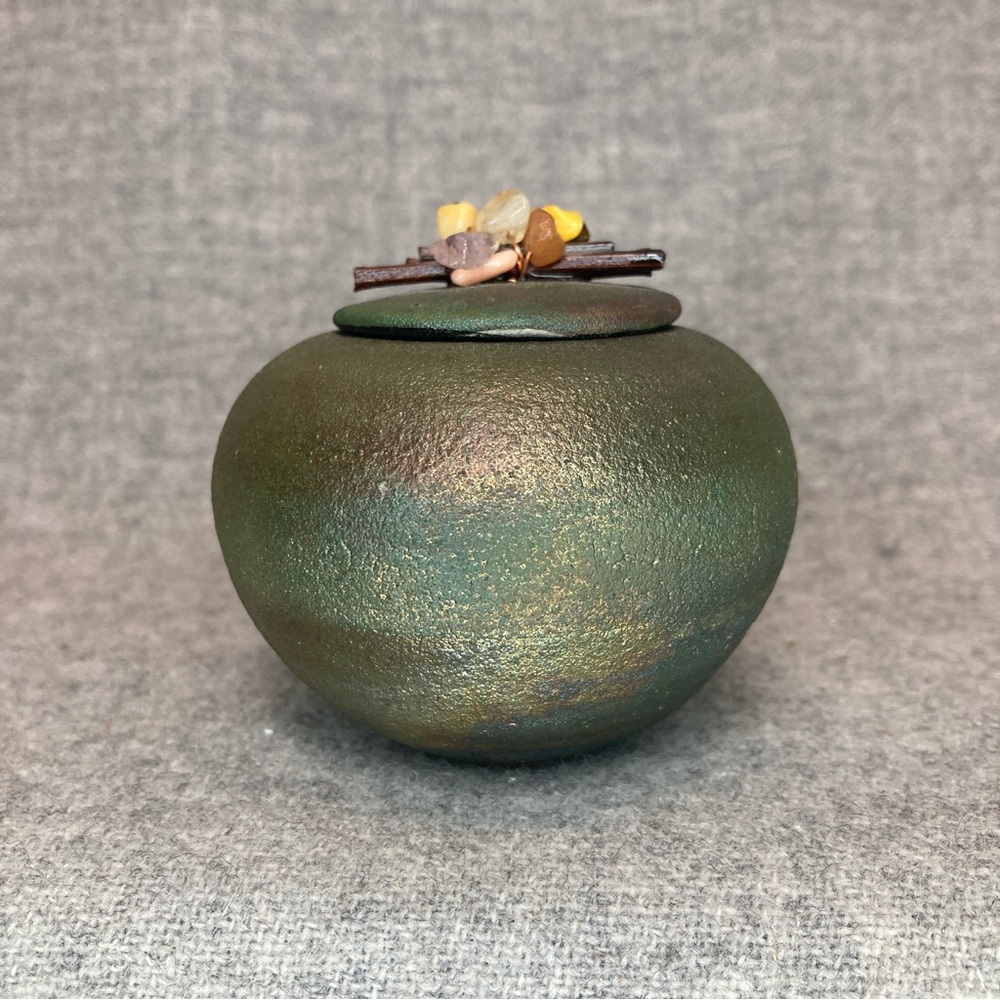 Signed Jeremy Diller Studio Pottery Mini Raku Dream Jar Pot Gemstones & Crystals